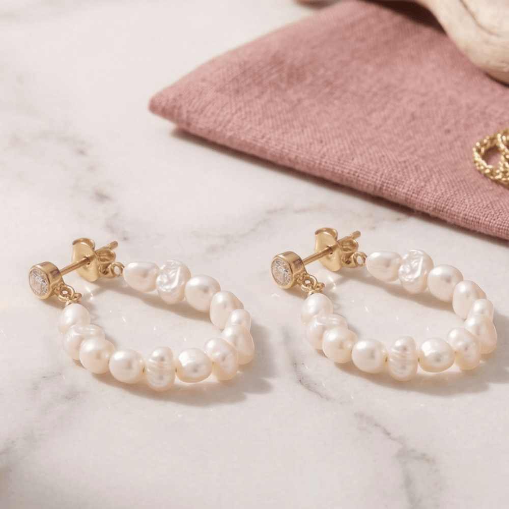 14 Karat Gold Plated Crystal and Cultured Freshwater Pearl Hoop Earrings