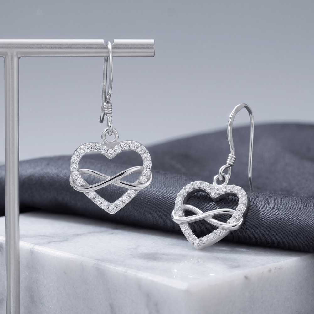Rhodium Plated CZ Heart and Infinity French Wire Earrings