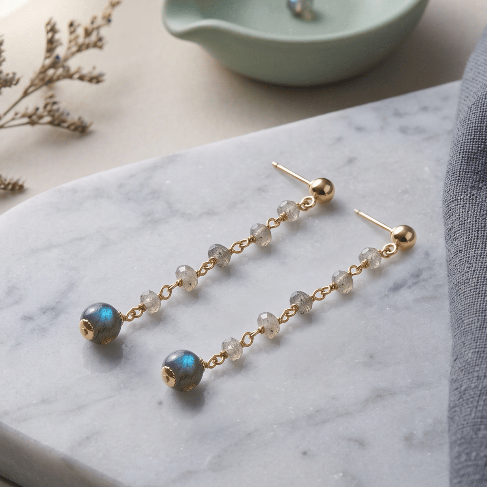 14 Karat Gold Plated Post Earrings with Labradorite Beads