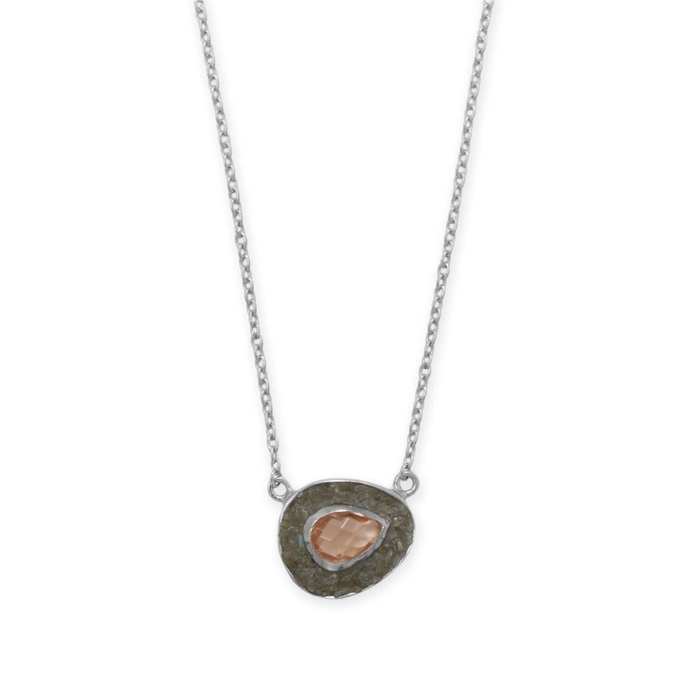 18 "+ 2" Rhodium Plated Pink Glass and Labradorite Halo Necklace