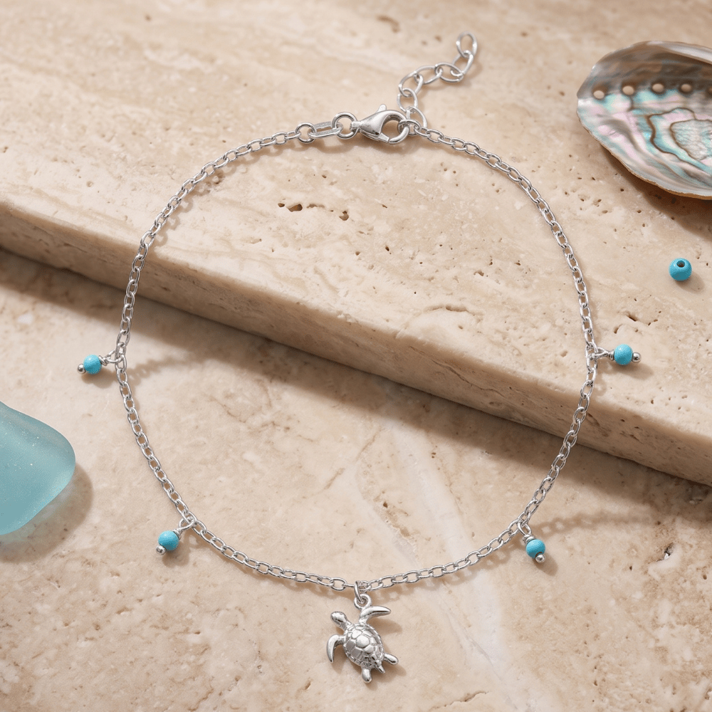 Sea Turtle and Reconstituted Turquoise Charm Anklet