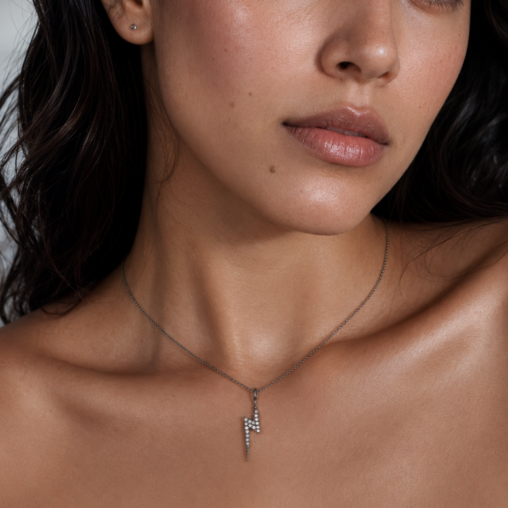 16" Black Rhodium Plated Diamond Studded Lightning Bolt Necklace