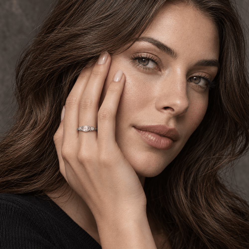 Rhodium Plated Oxidized Oval and Round CZ Ring