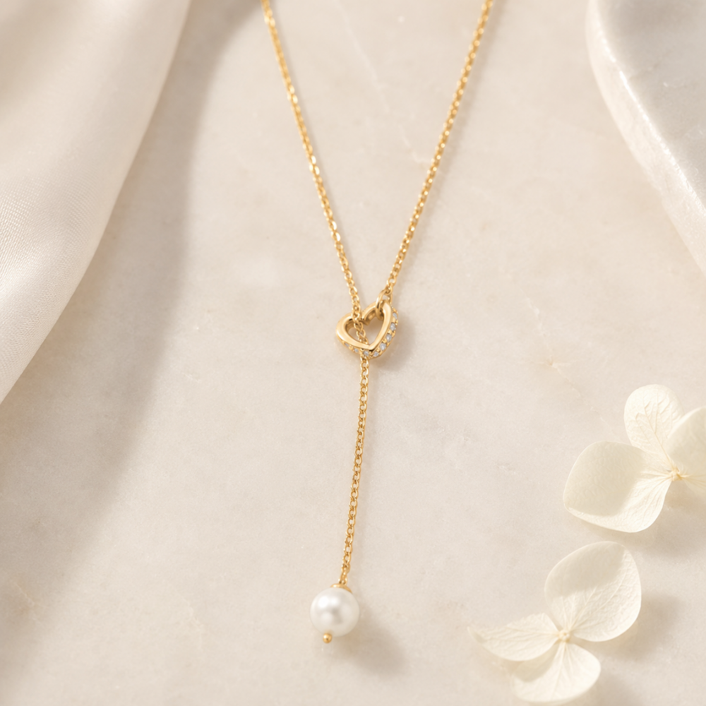 16" + 2" 14K Gold Plated Cultured Freshwater Pearl & CZ Heart Lariat Necklace