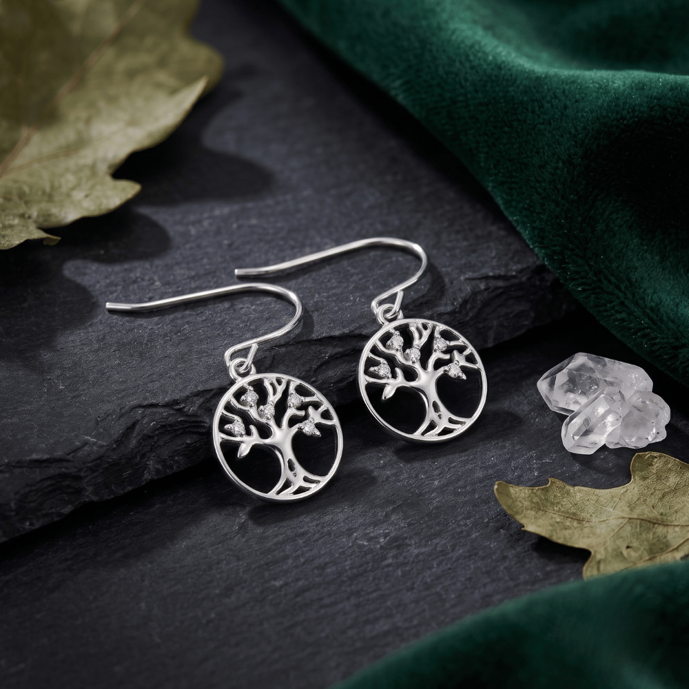 Rhodium Plated CZ Tree of Life Earrings