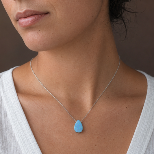 16" + 2" Rhodium Plated Synthetic Opal Pear Necklace