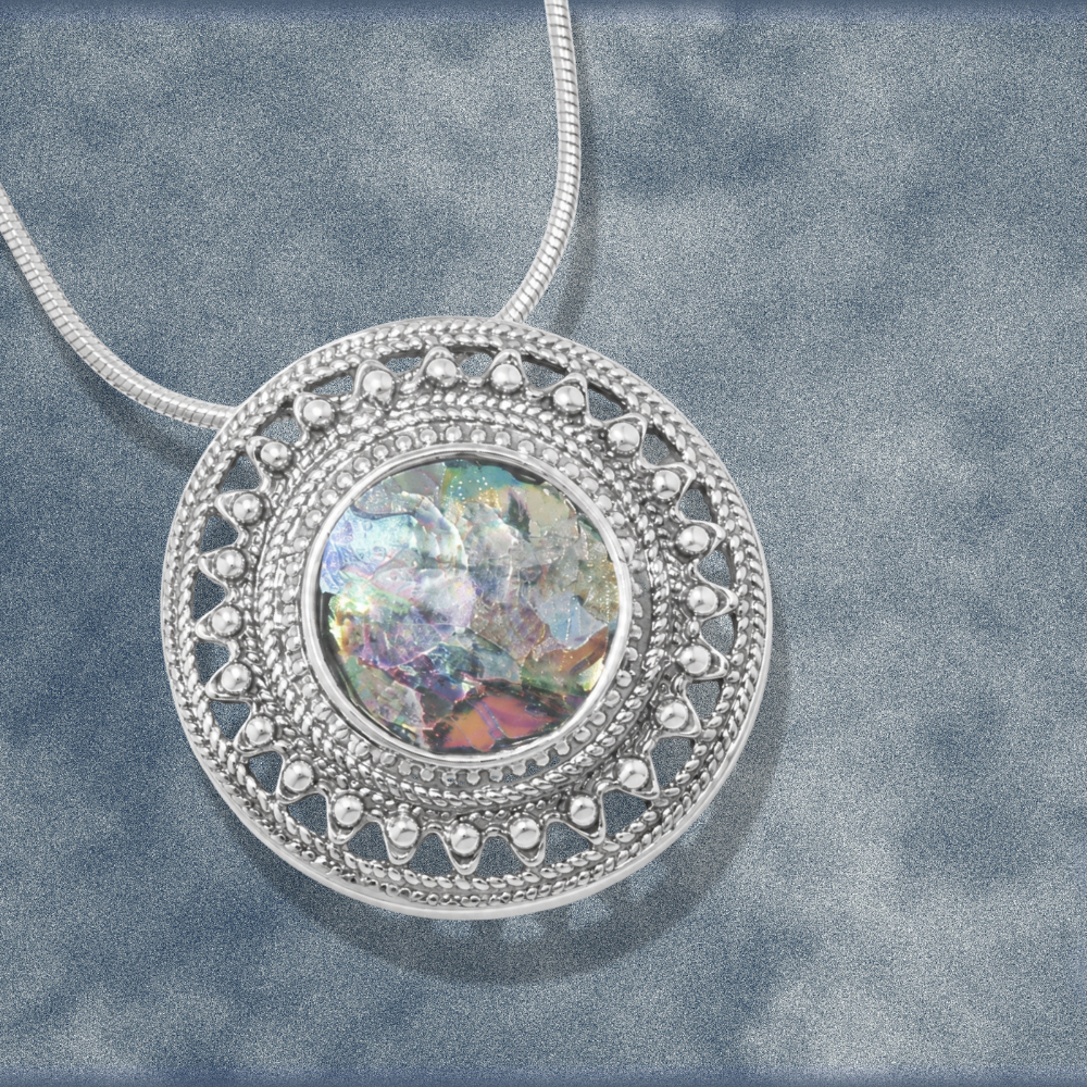 18" Round Ancient Roman Glass with Rope/Bead Edge Necklace