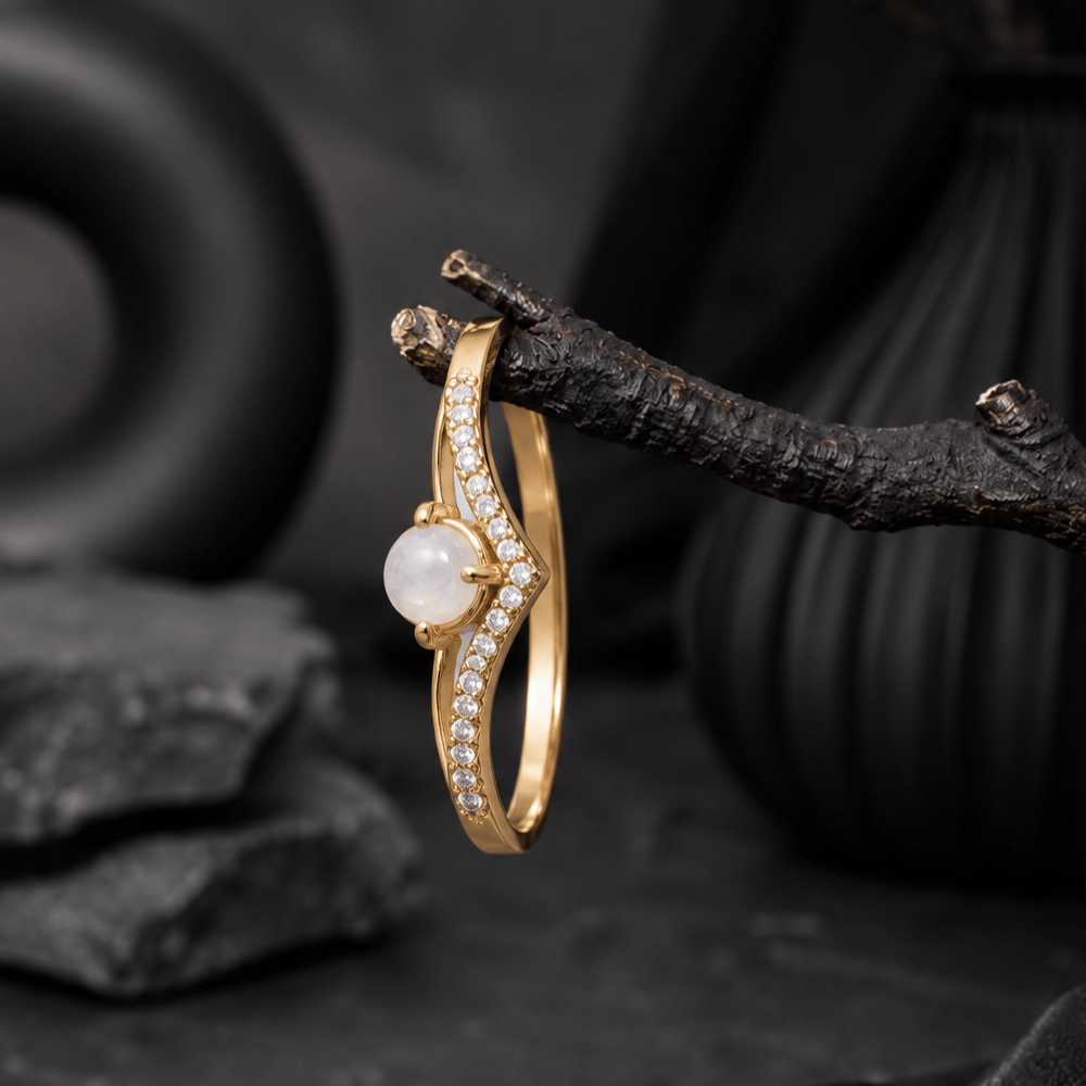 14 Karat Gold Plated CZ and Rainbow Moonstone "V" Ring
