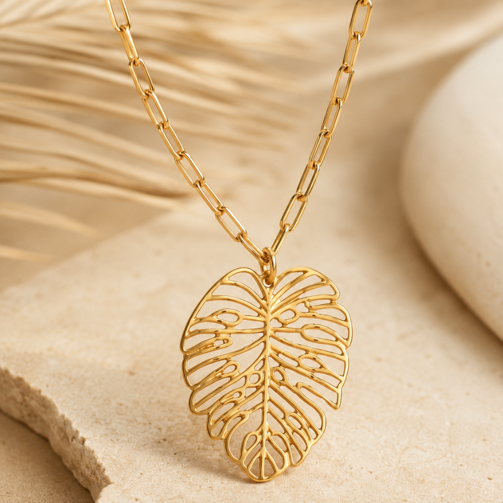 24" + 3" Gold Tone Palm Leaf Fashion Necklace