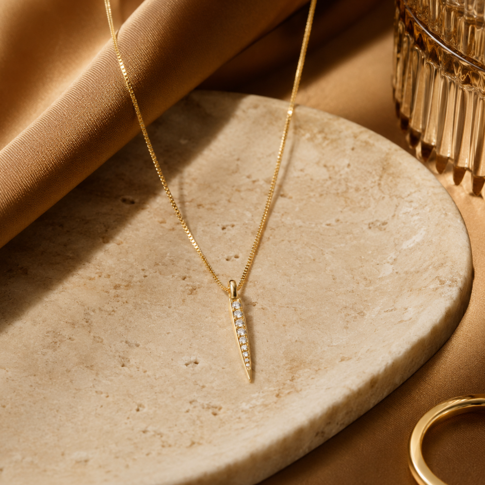 16" Small 14 Karat Gold Plated Diamond Studded Spike Necklace