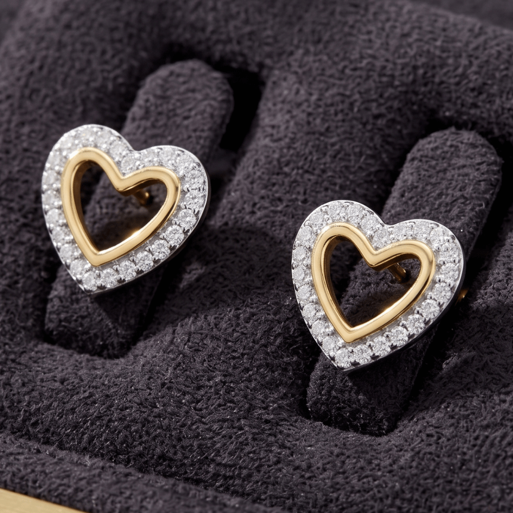 Two Tone CZ Heart Outline Earrings
