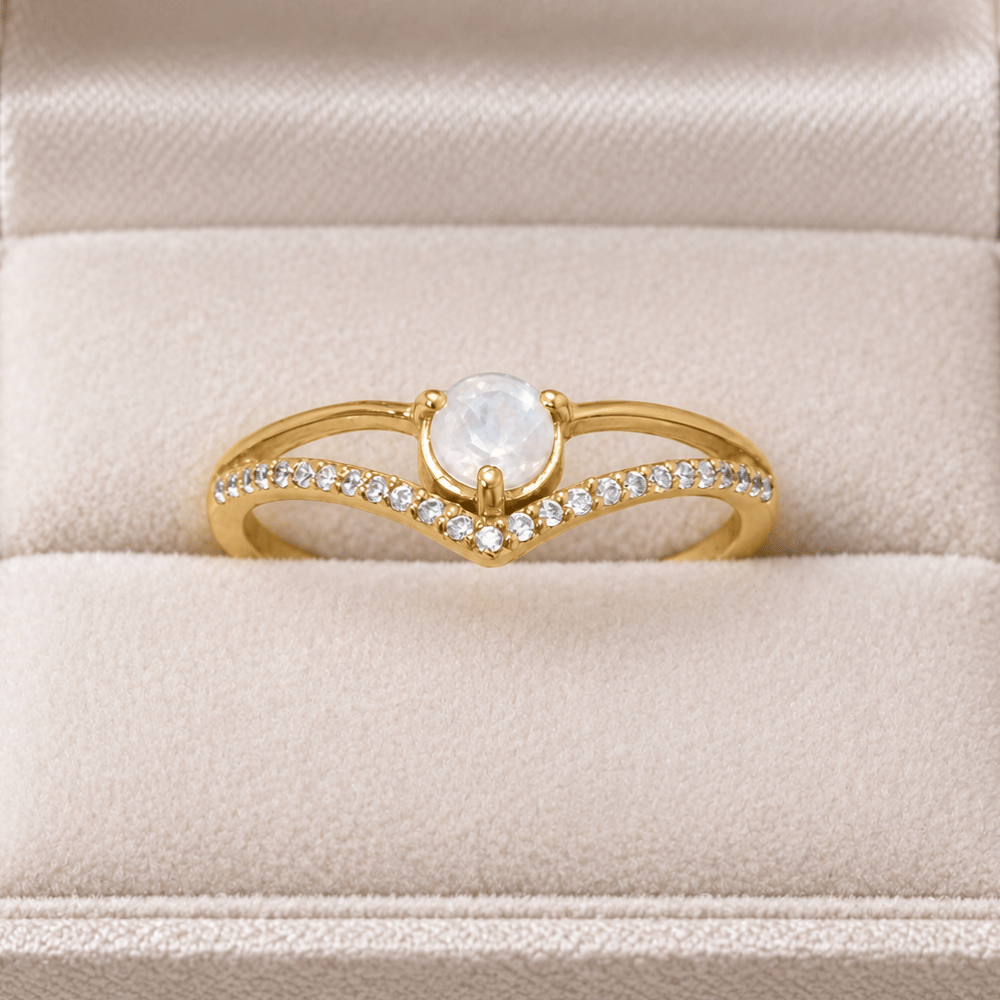 14 Karat Gold Plated CZ and Rainbow Moonstone "V" Ring