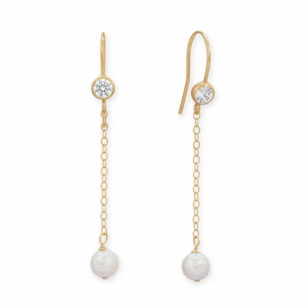 14/20 Gold Filled CZ and Cultured Freshwater Pearl Drop Earrings