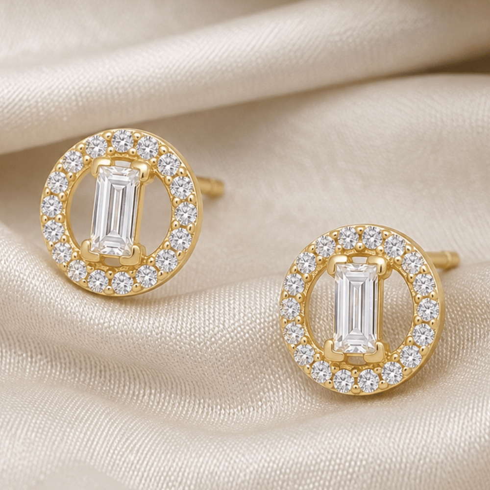 Baguette and Halo CZ Stud Earrings - 14 Karat Gold Plated - view 3