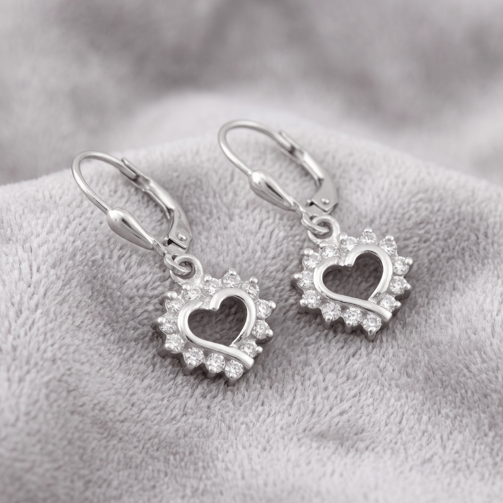Rhodium Plated Cutout CZ Heart Lever Earrings