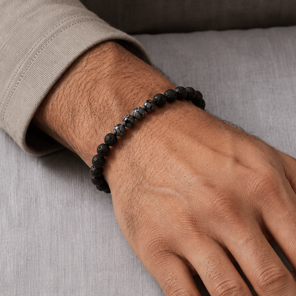 8" Black Lava and Snowflake Obsidian Stretch Bracelet