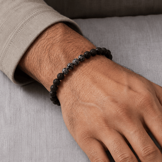 8" Black Lava and Snowflake Obsidian Stretch Bracelet