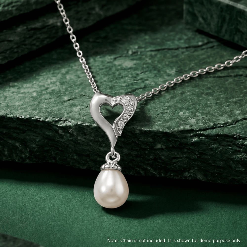 Rhodium Plated Cultured Freshwater Pearl and CZ Heart Slide Pendant - view 3
