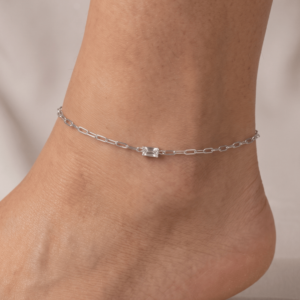 Baguette CZ Paperclip Chain Anklet