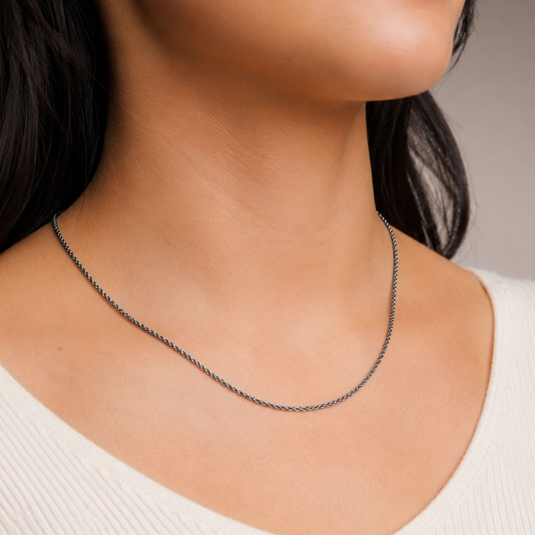 925 Sterling Silver Oxidized French Wheat Chain Necklace - 1.8mm