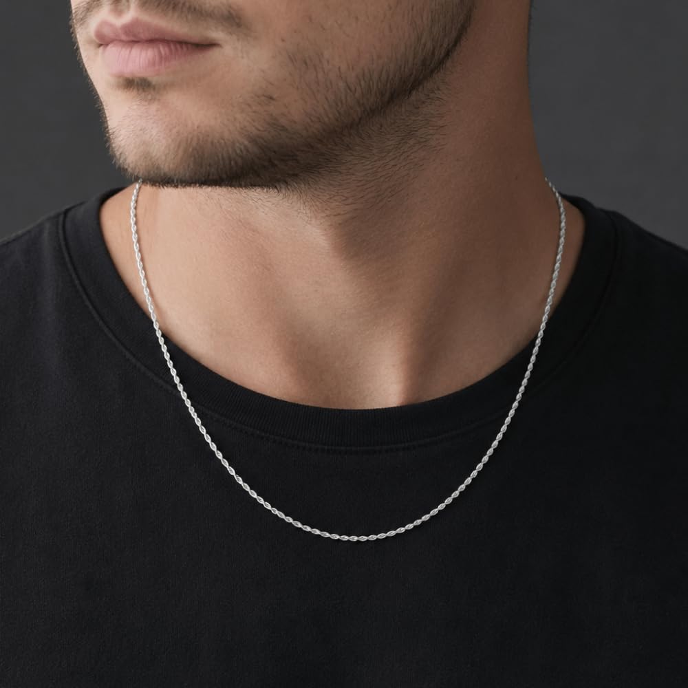 925 Sterling Silver Diamond Cut Rope Chain Necklace - 2.2mm