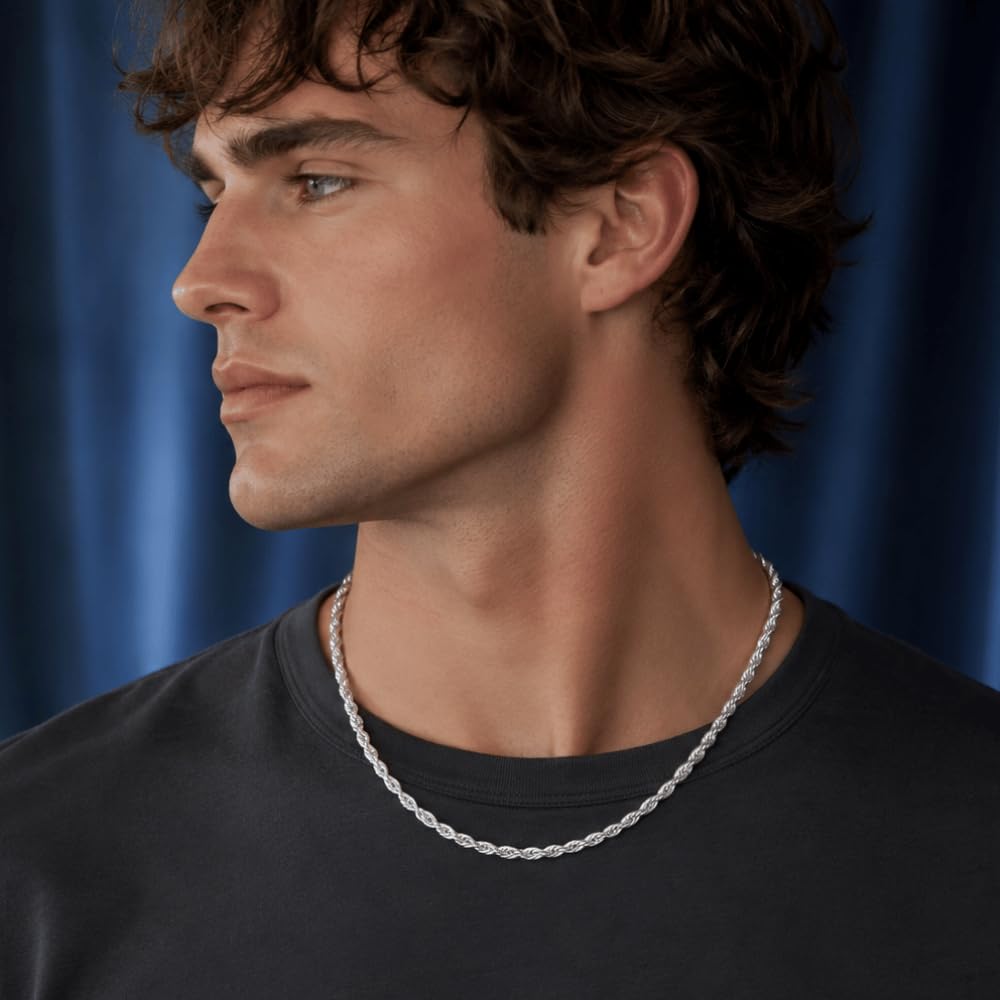 925 Sterling Silver Diamond Cut Rope Chain Necklace - 4.4mm