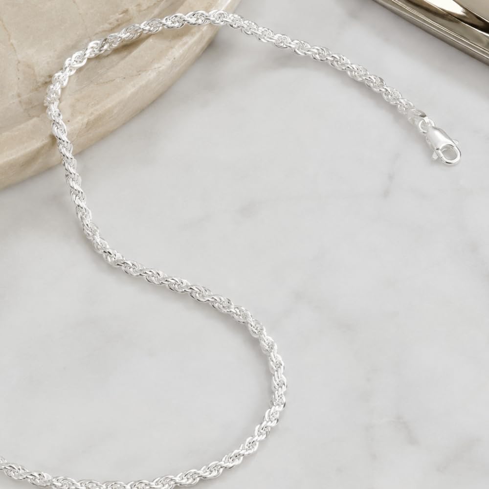 925 Sterling Silver Diamond Cut Rope Chain Necklace - 3.3mm