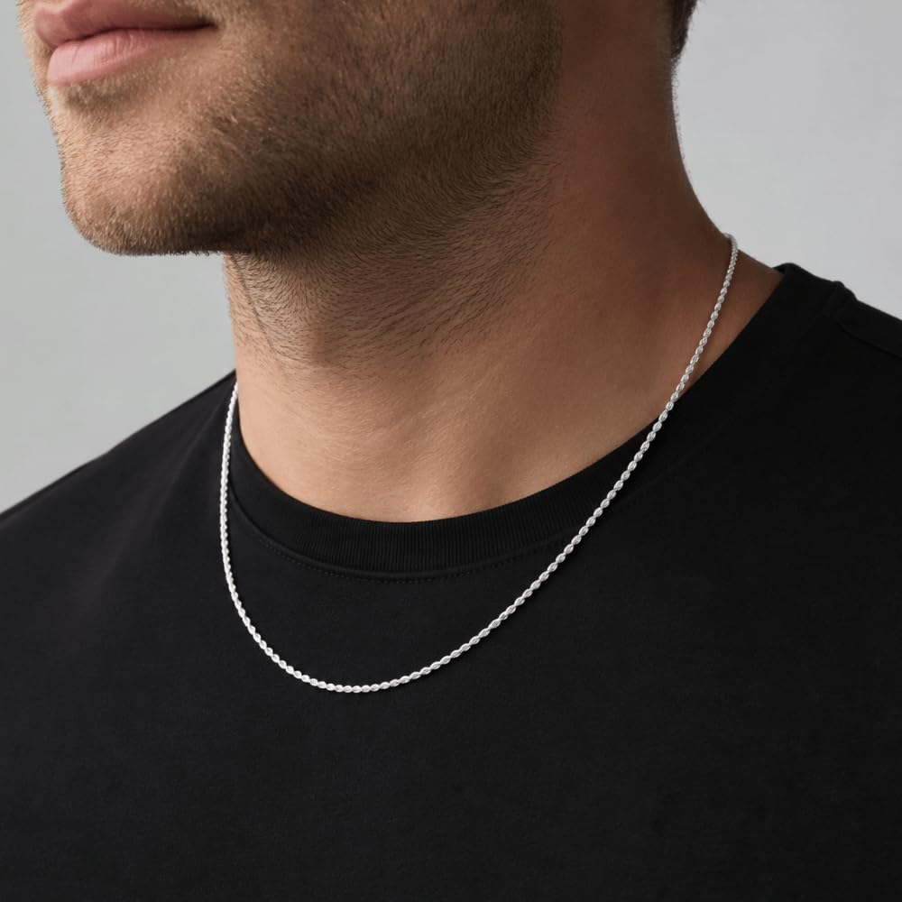 925 Sterling Silver Diamond Cut Rope Chain Necklace - 1.7mm