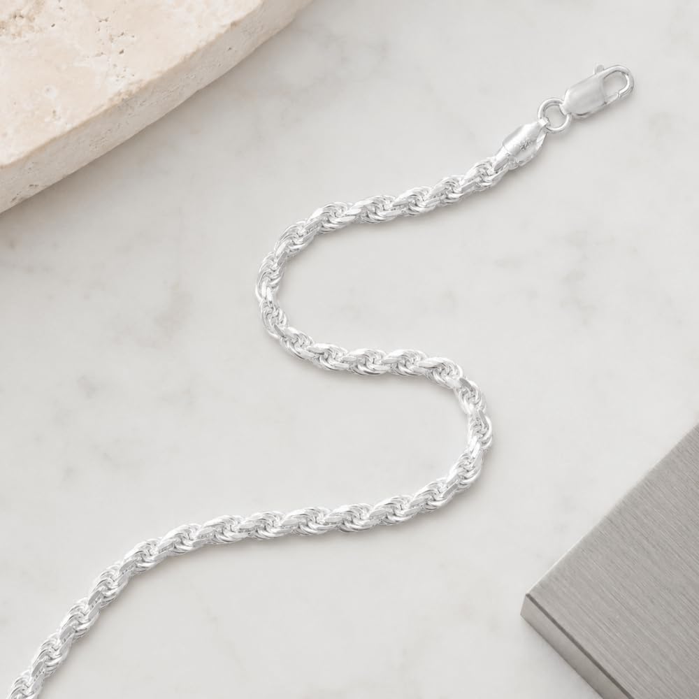 925 Sterling Silver Diamond Cut Rope Chain Necklace - 3.6mm