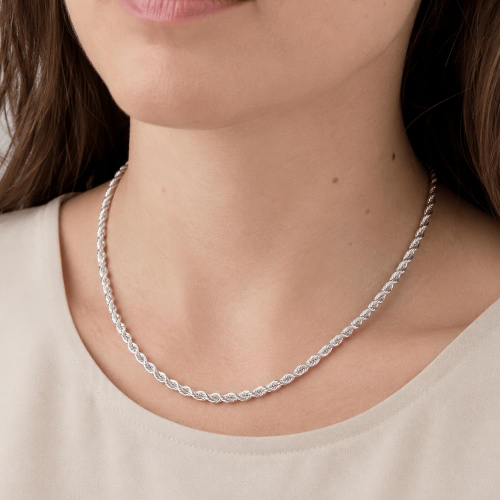 925 Sterling Silver Diamond Cut Rope Chain Necklace - 4.4mm