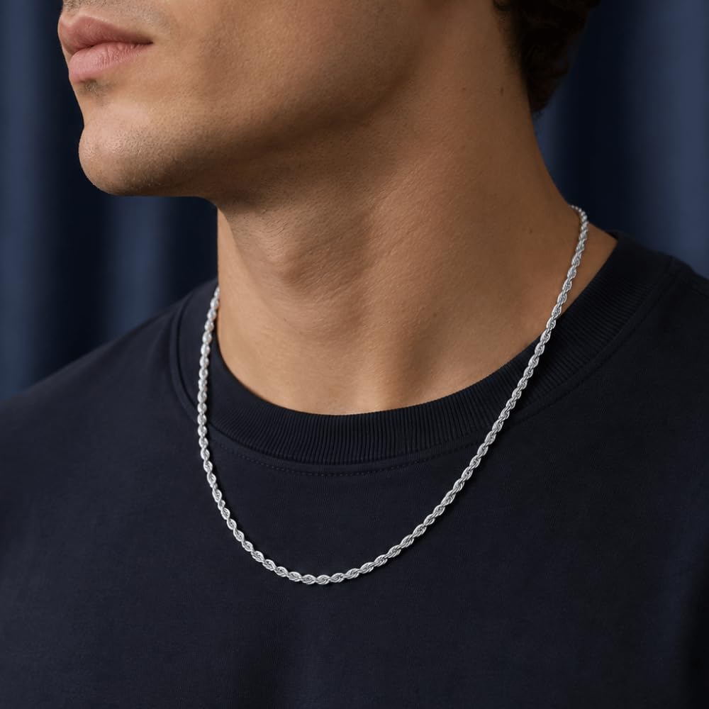 925 Sterling Silver Diamond Cut Rope Chain Necklace - 3.6mm