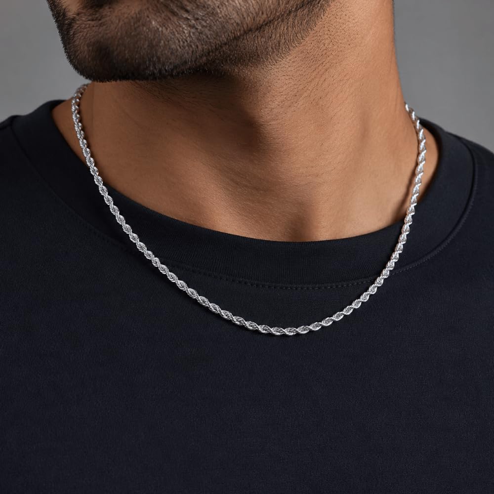 925 Sterling Silver Diamond Cut Rope Chain Necklace - 3.3mm