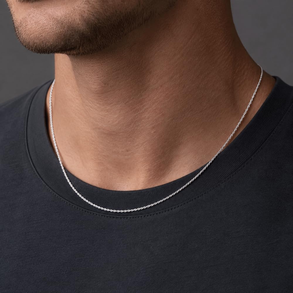 925 Sterling Silver Diamond Cut Rope Chain Necklace - 1.3mm
