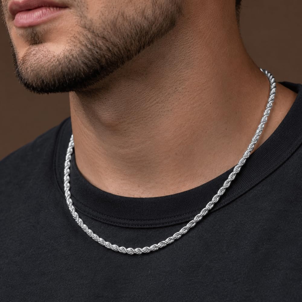 925 Sterling Silver Diamond Cut Rope Chain Necklace - 4.4mm
