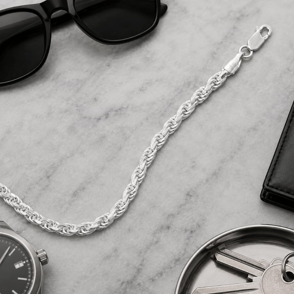 925 Sterling Silver Diamond Cut Rope Chain Necklace - 4.4mm