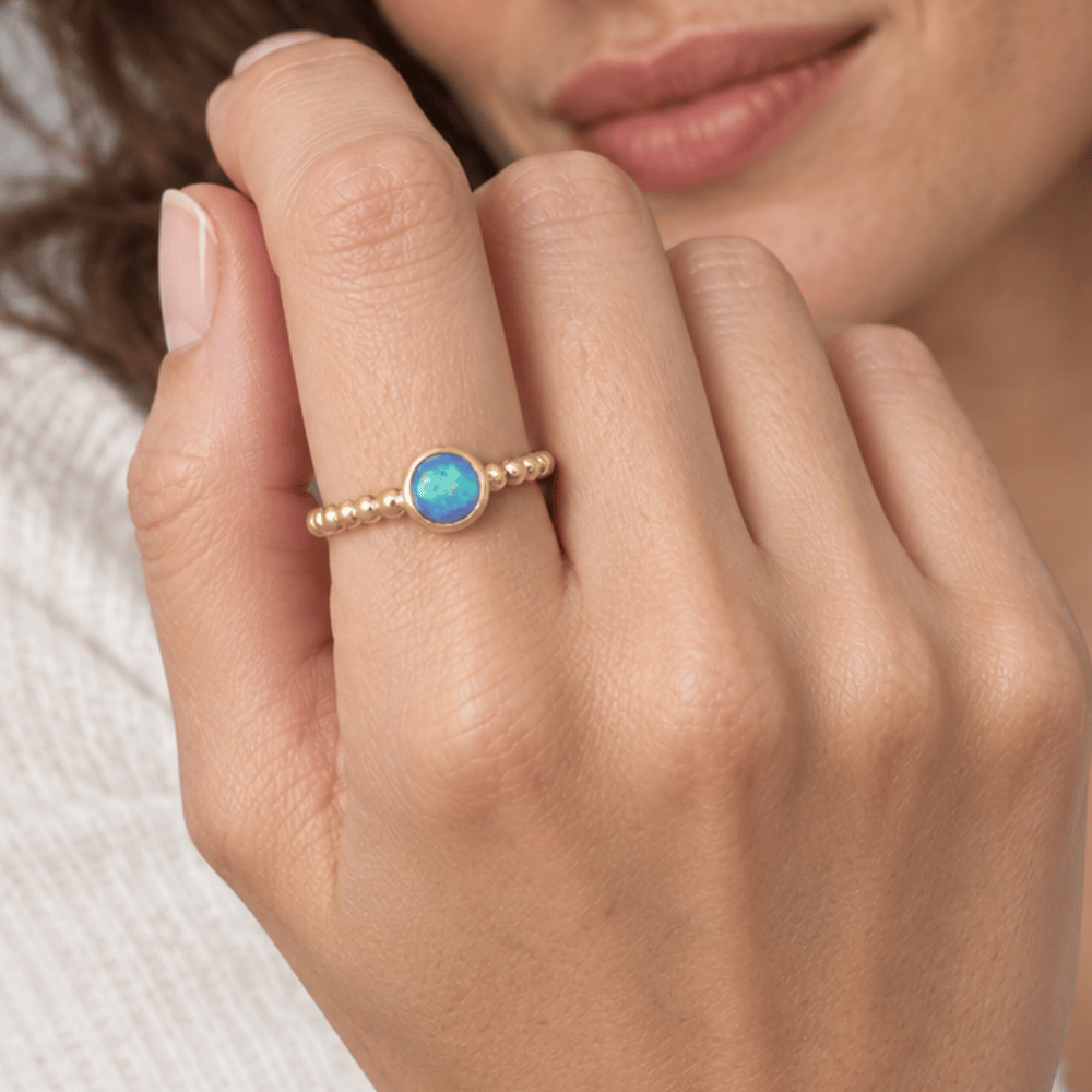 Round Synthetic Opal Ring - Blue Opal - Gold - view 2