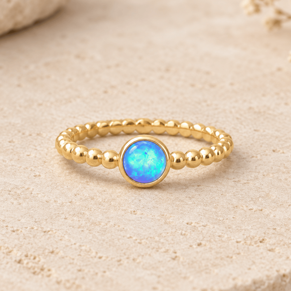 Round Synthetic Opal Ring - Blue Opal - Gold - view 3