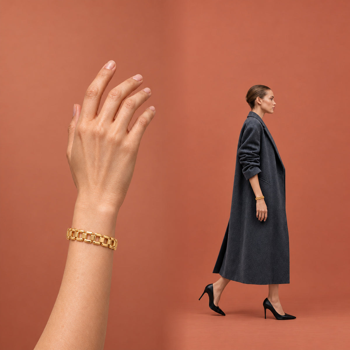 Model wearing an EMESLY gold link bracelet on a terracotta background