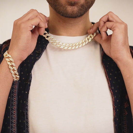15mm Diamond Cut Iced Out Cuban Link Gold Chain & Bracelet Set for Men & Women