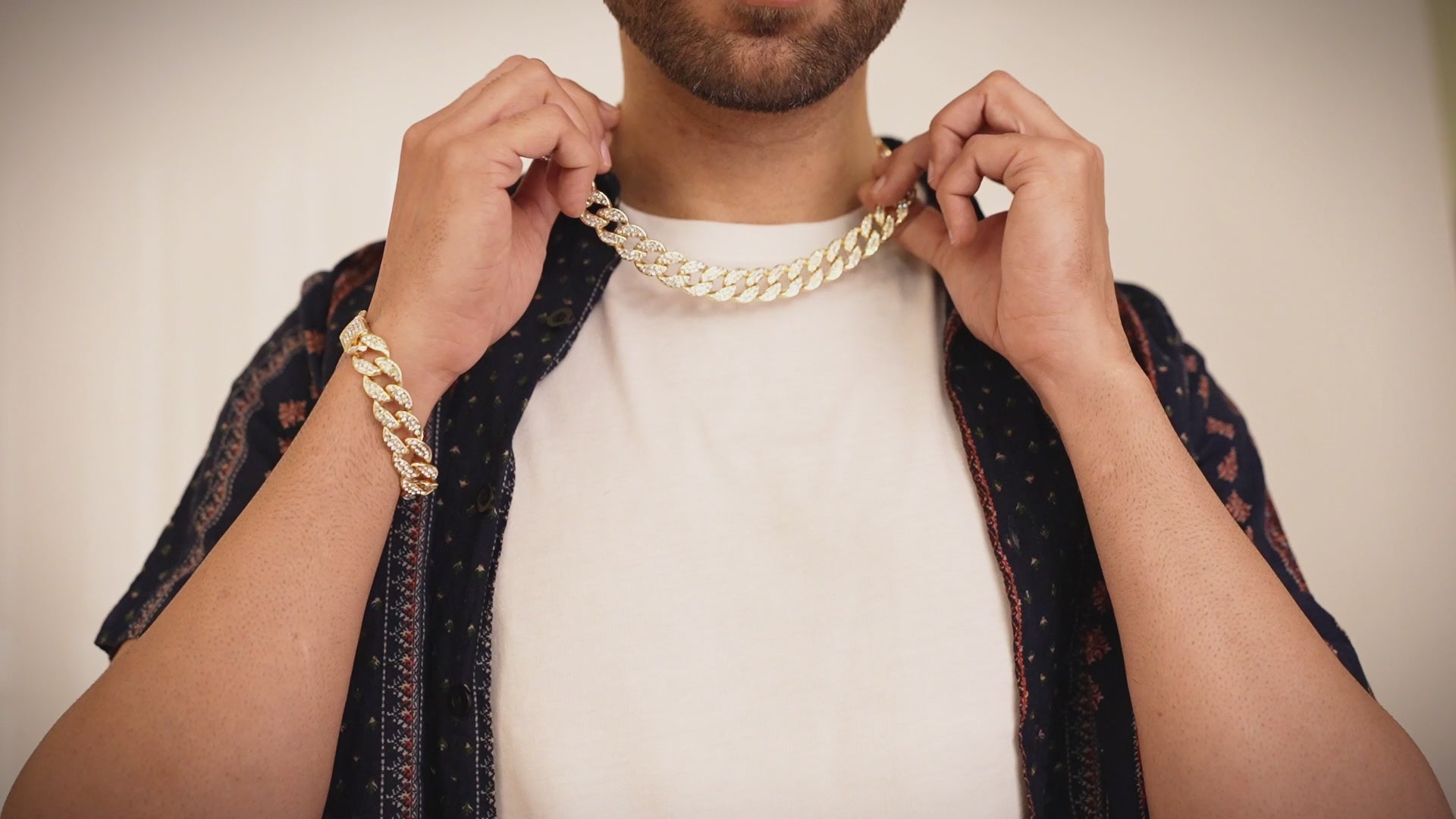 15mm Diamond Cut Iced Out Cuban Link Gold Chain & Bracelet Set for Men & Women